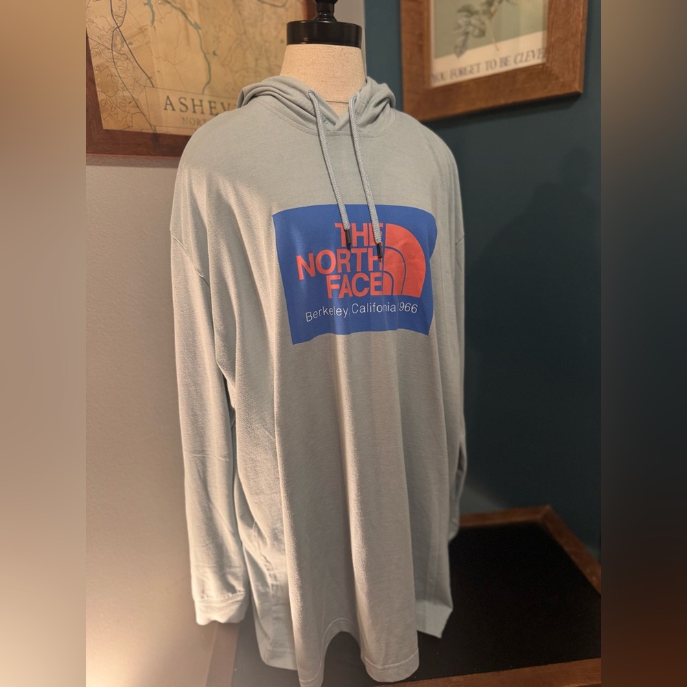 The North Face Men's Gray Hoodie with Blue and Red Logo